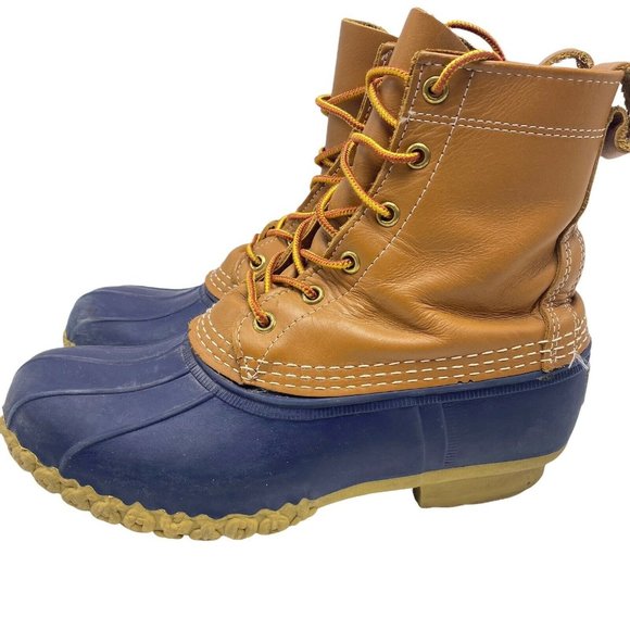 LL BEAN Women’s 8W Navy Brown Leather Classic 8 Inch Unlined Duck Bean Boots - Picture 7 of 10